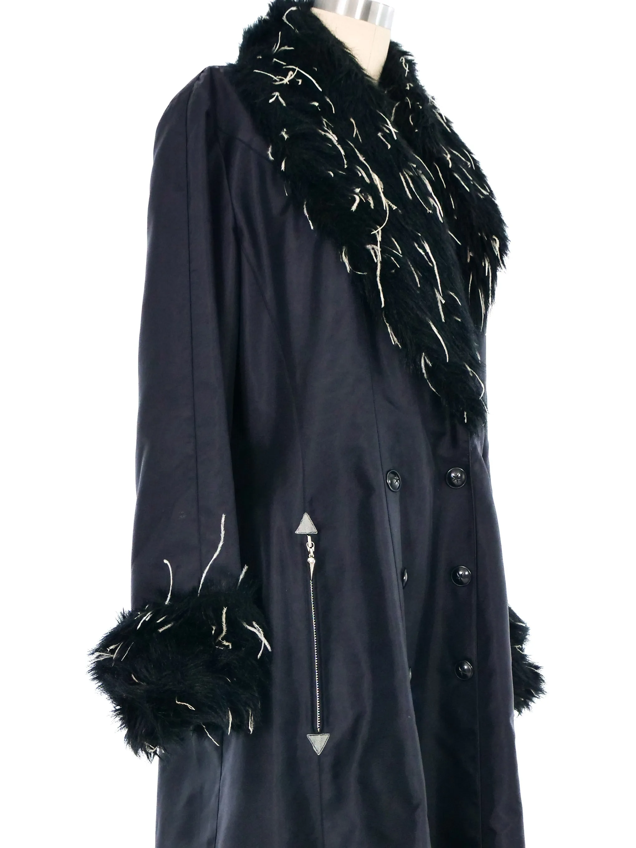 1990s Thierry Mugler Faux Fur Trimmed Nylon Trench Coat