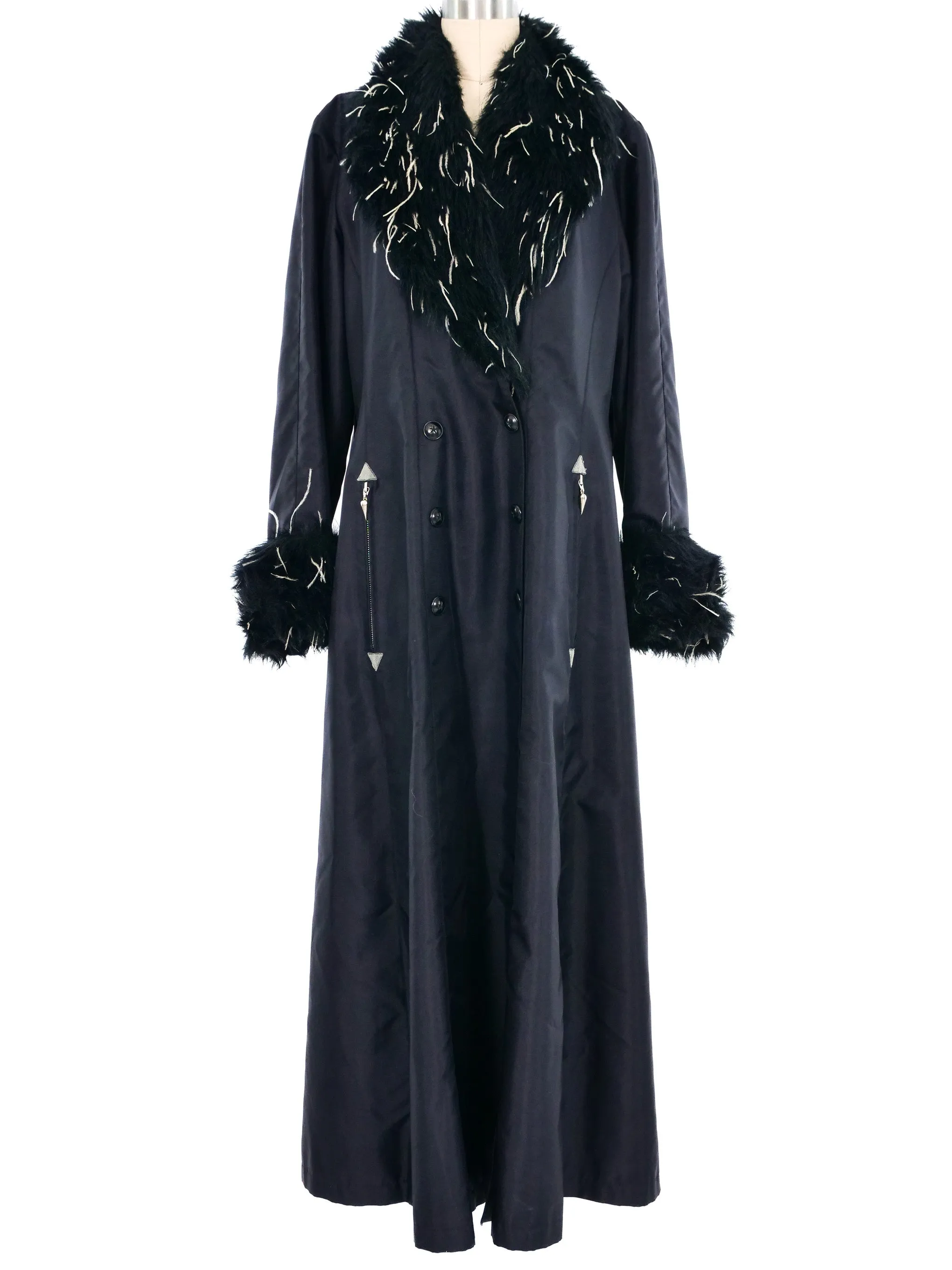1990s Thierry Mugler Faux Fur Trimmed Nylon Trench Coat
