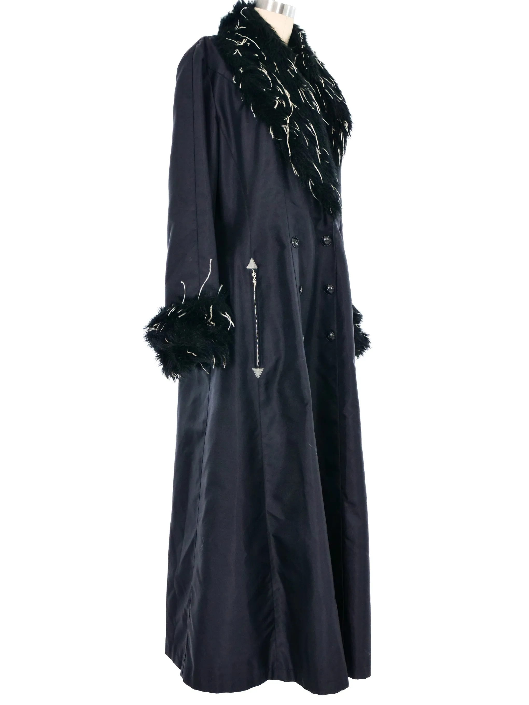 1990s Thierry Mugler Faux Fur Trimmed Nylon Trench Coat