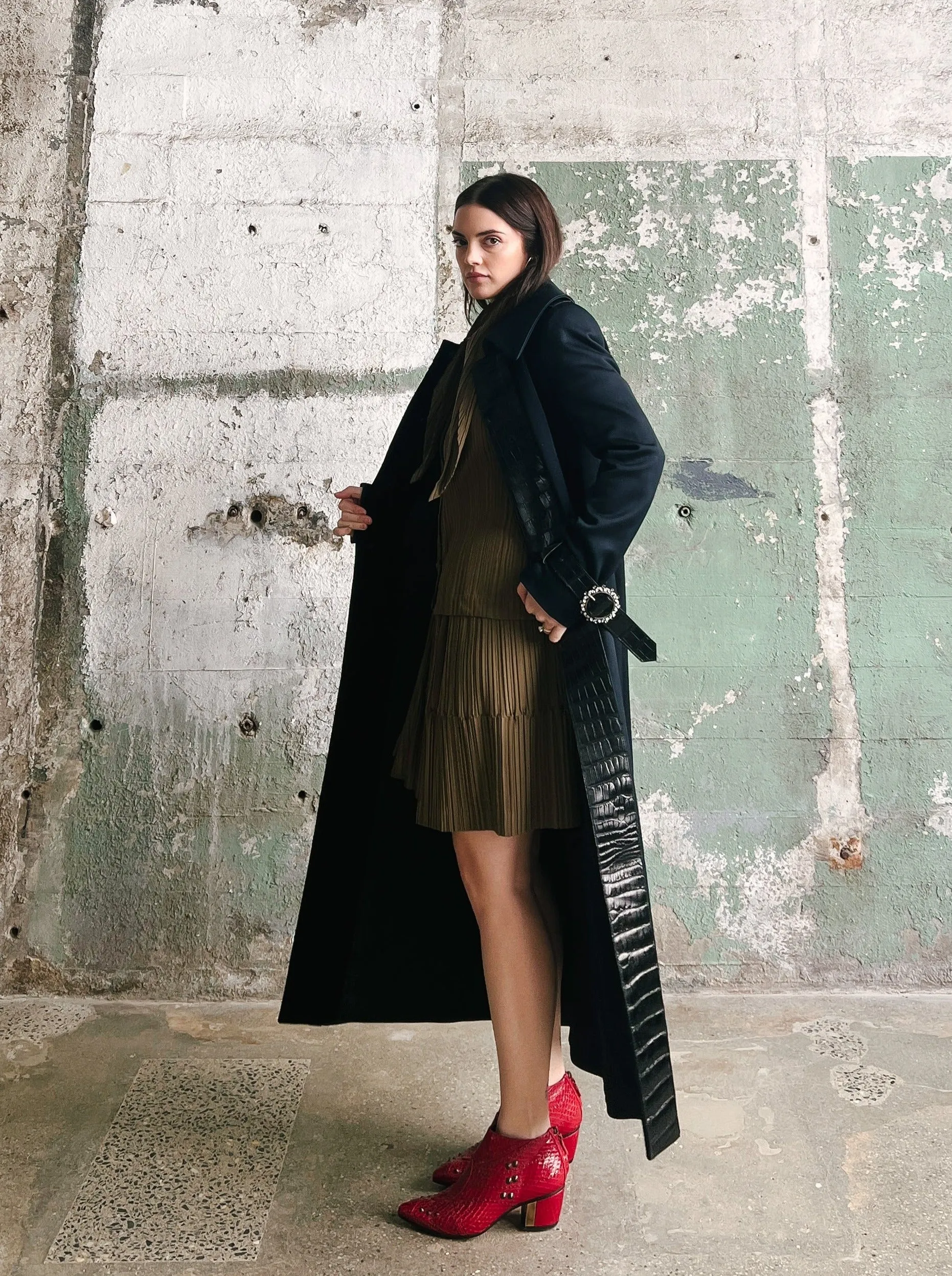 2005 Dolce & Gabbana Alligator Trimmed Black Trench Coat