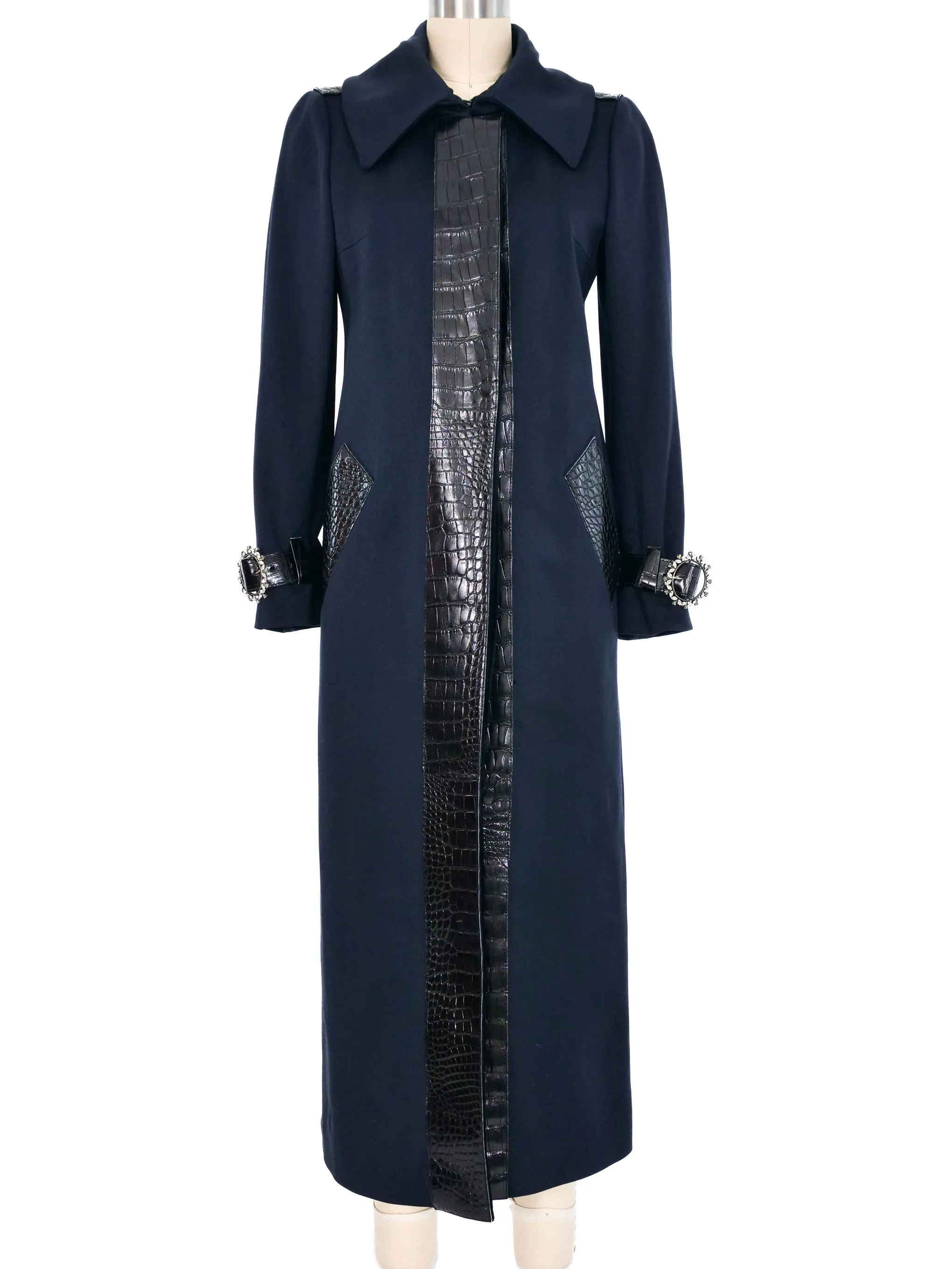 2005 Dolce & Gabbana Alligator Trimmed Black Trench Coat