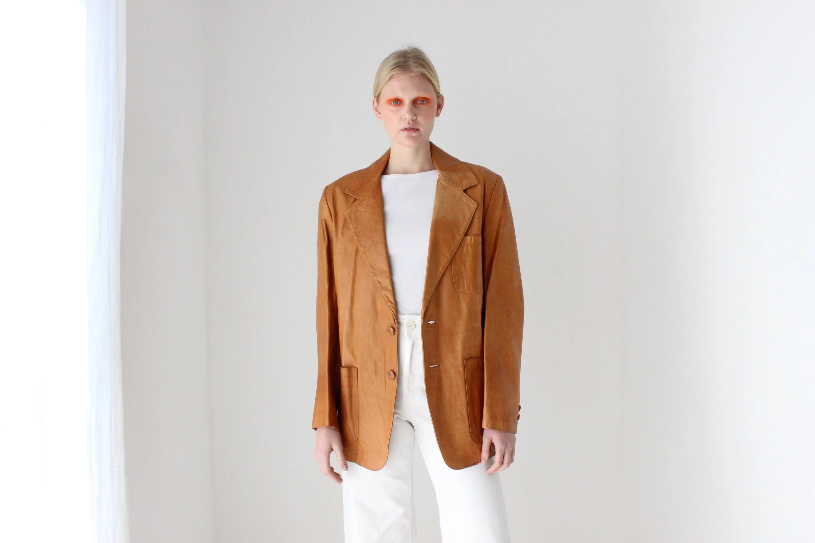 70s Honey Brown Characterful Leather Blazer