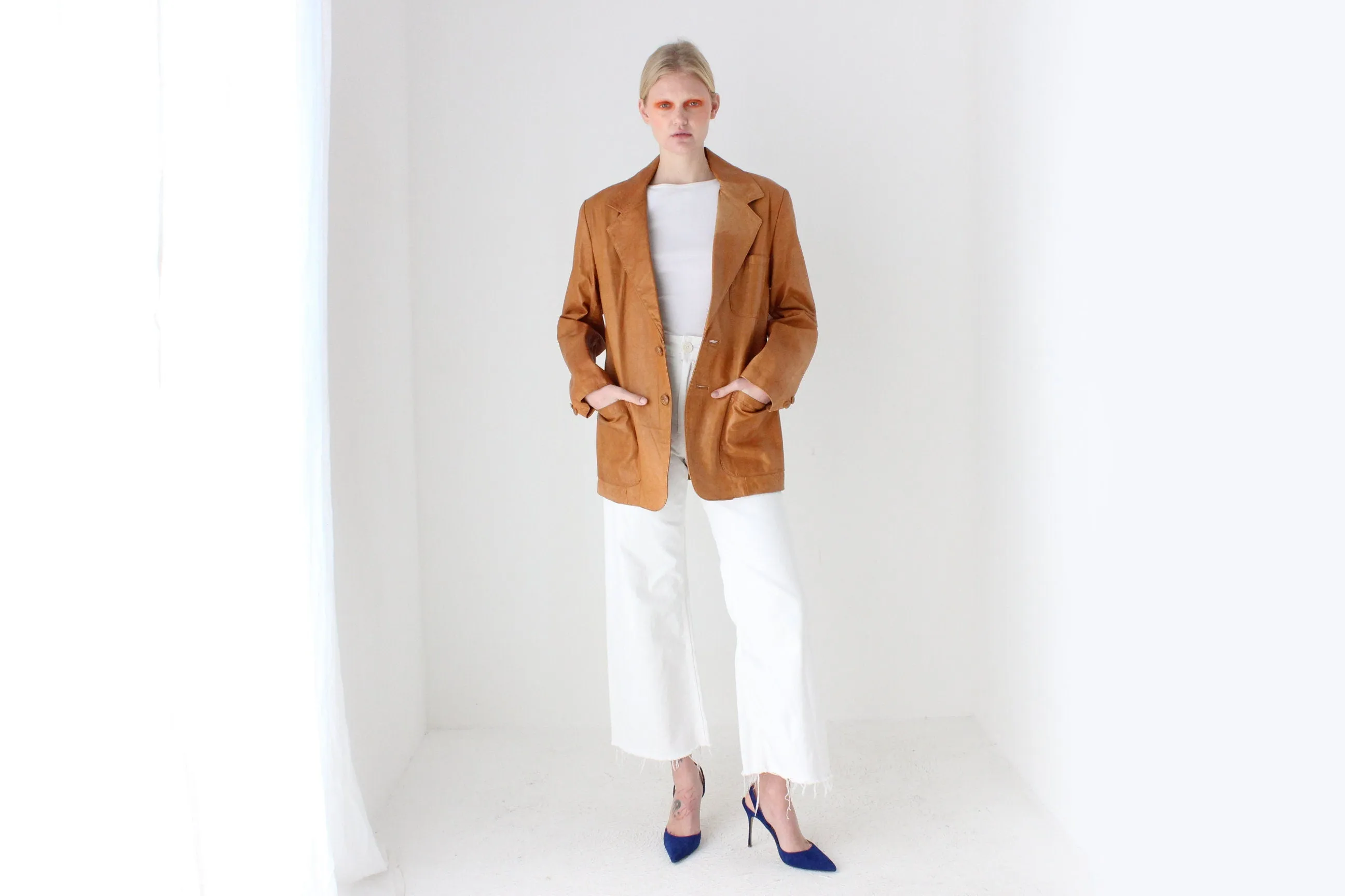 70s Honey Brown Characterful Leather Blazer