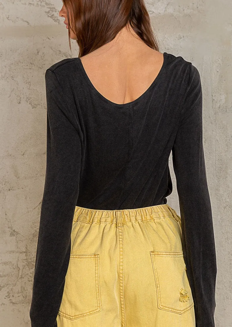 Black Scoop Neck Ribbed Henley #014