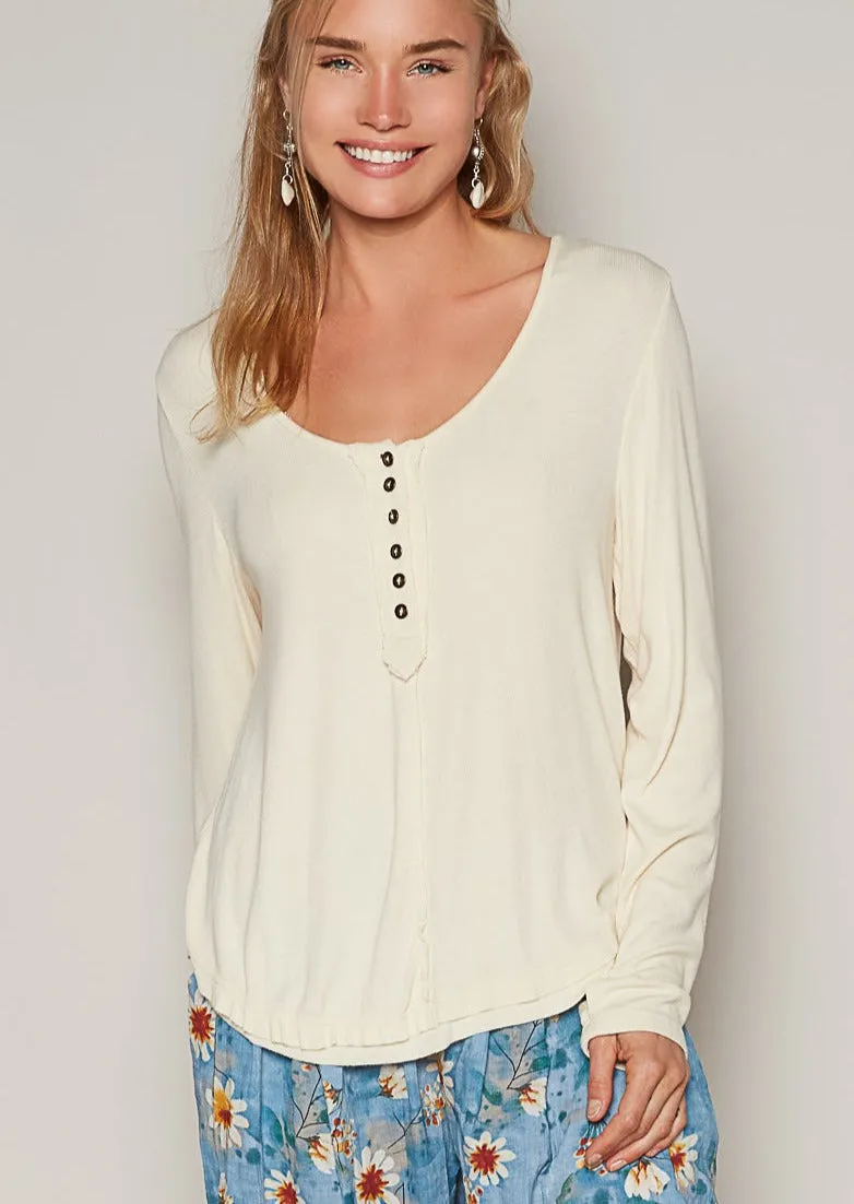 Black Scoop Neck Ribbed Henley #014