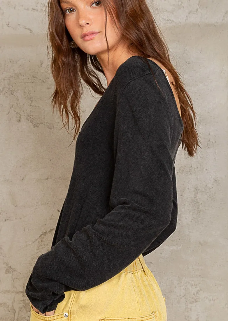 Black Scoop Neck Ribbed Henley #014