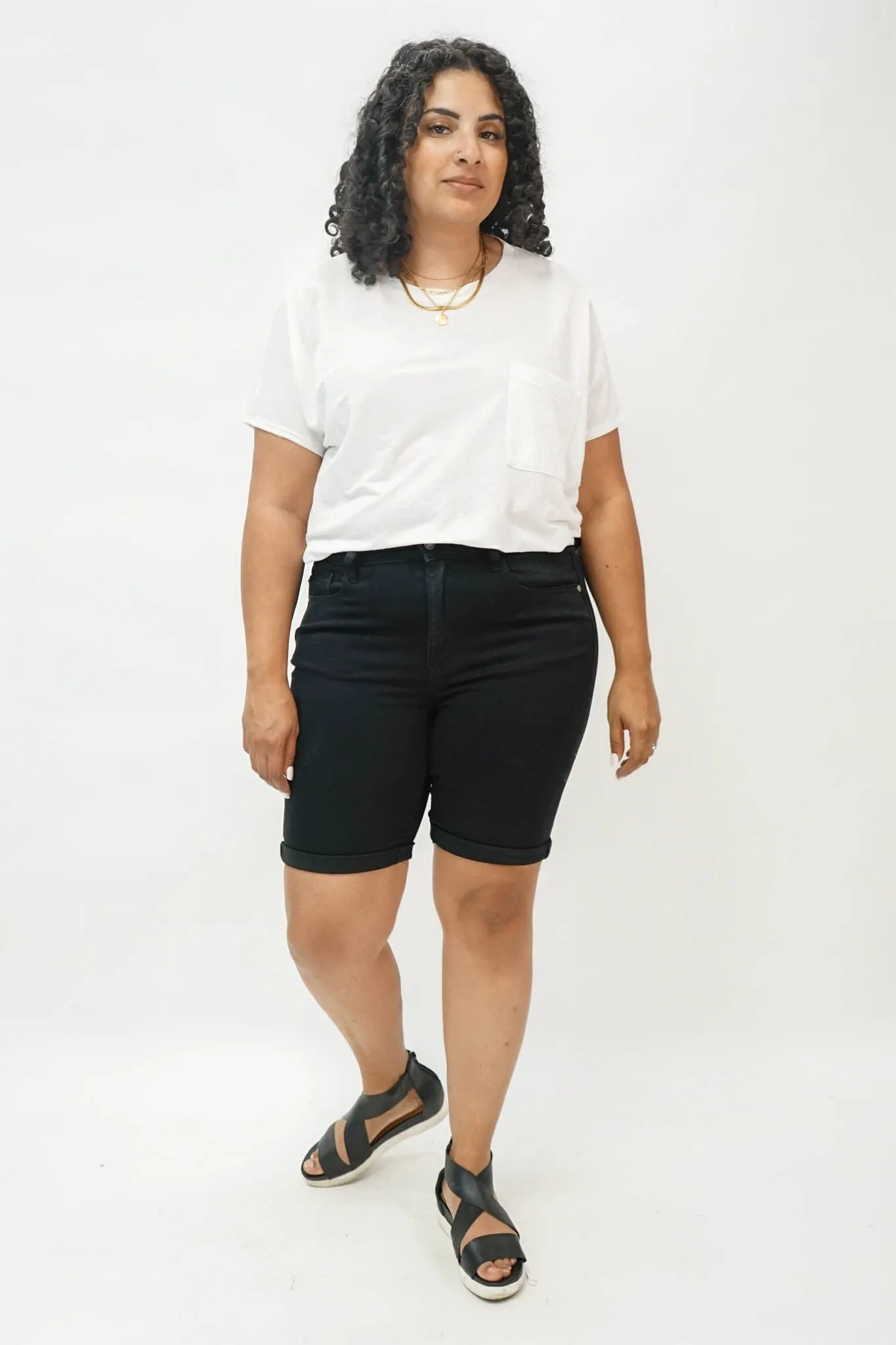 Ebony High Rise Cuffed Bermuda Shorts in Black