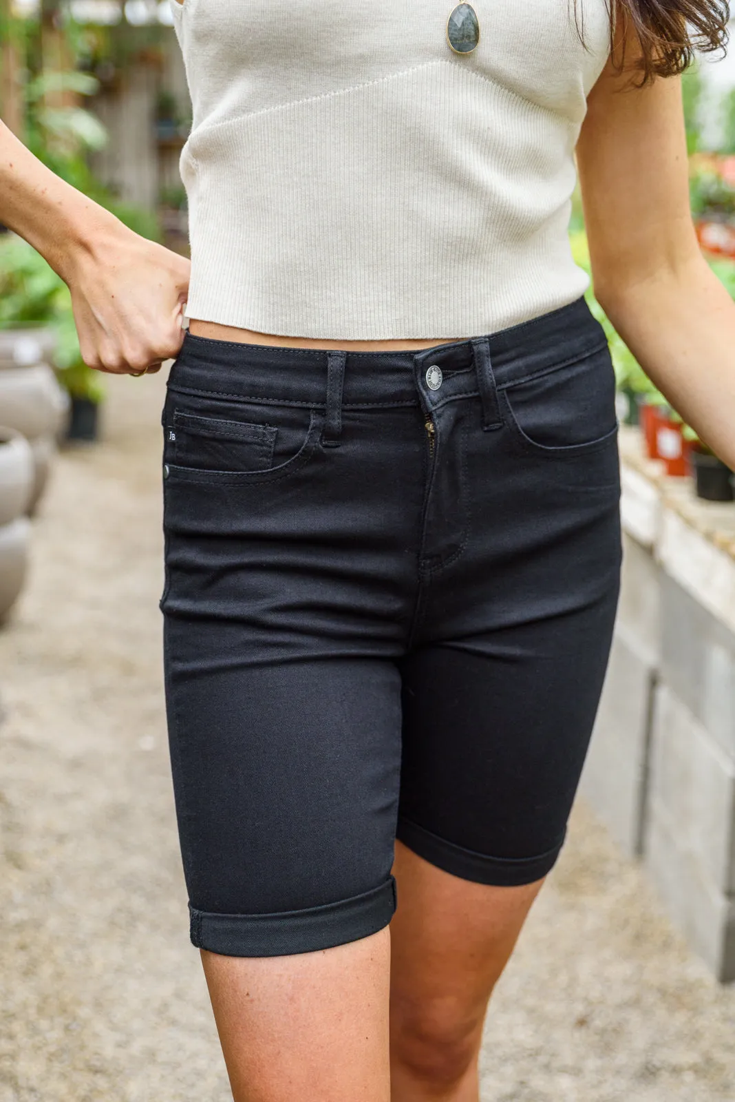 Ebony High Rise Cuffed Bermuda Shorts in Black