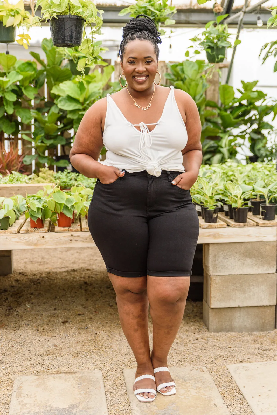 Ebony High Rise Cuffed Bermuda Shorts in Black