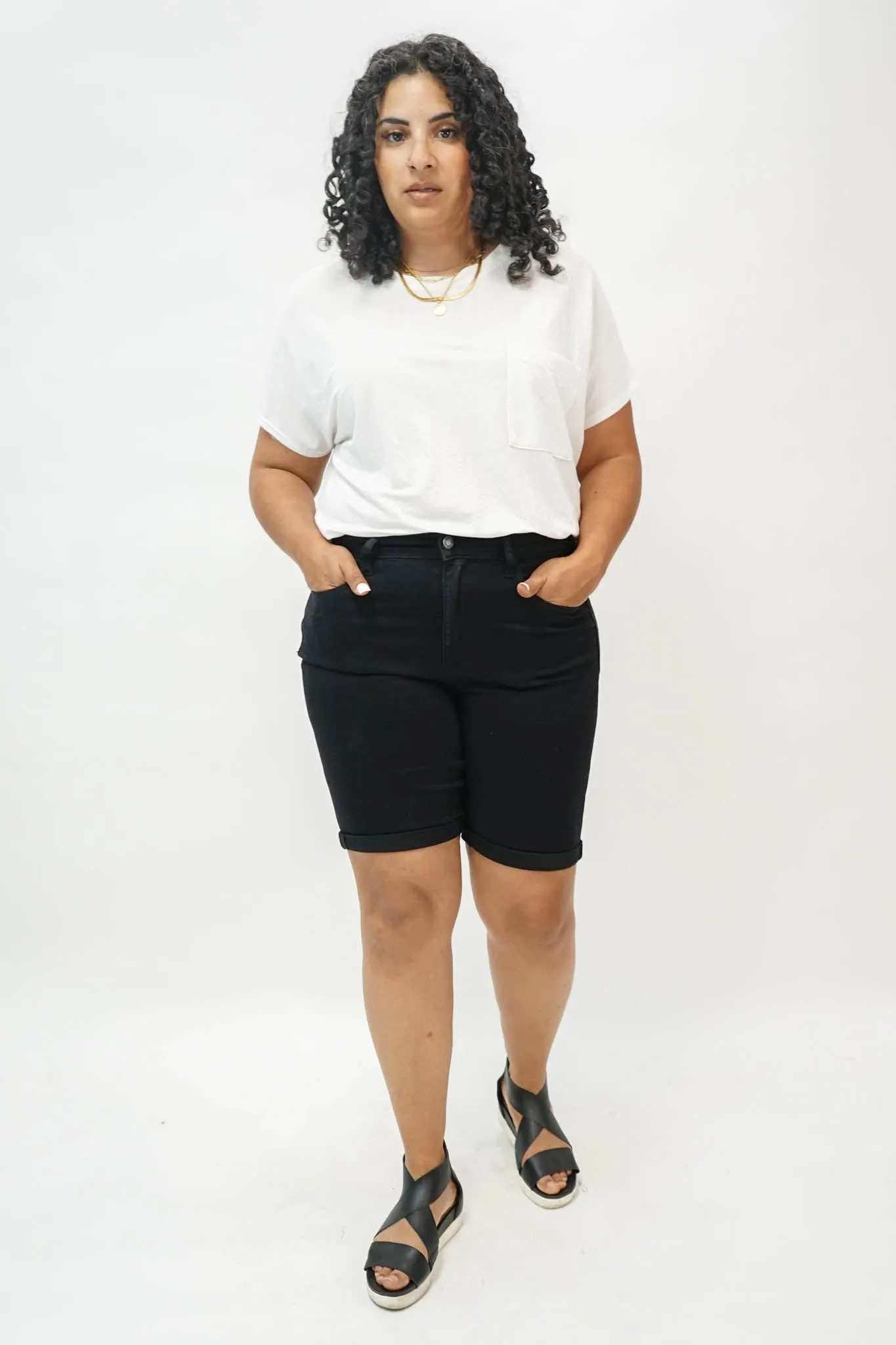 Ebony High Rise Cuffed Bermuda Shorts in Black