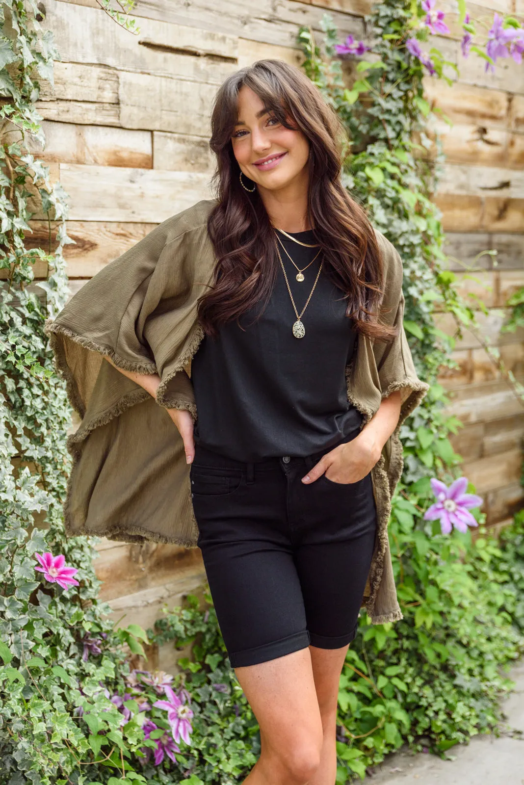 Ebony High Rise Cuffed Bermuda Shorts in Black