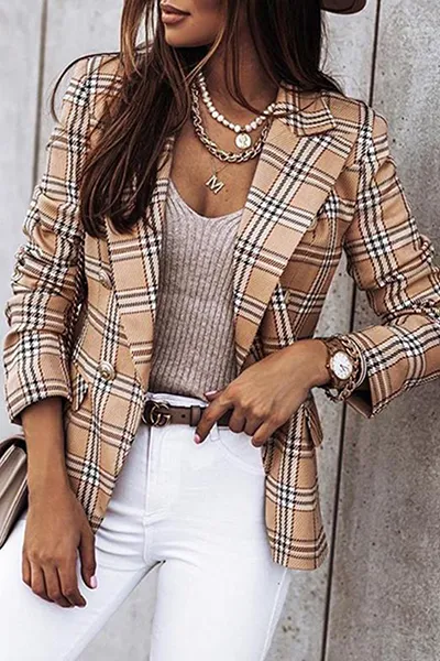 Elegant Plaid Striped Buttons Turn-back Collar Outerwear Blazer