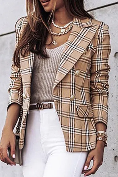 Elegant Plaid Striped Buttons Turn-back Collar Outerwear Blazer