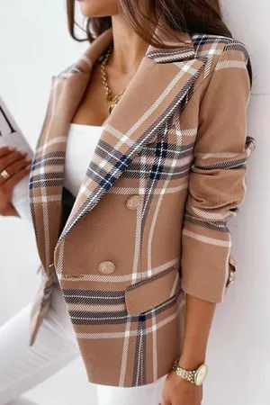 Elegant Plaid Striped Buttons Turn-back Collar Outerwear Blazer