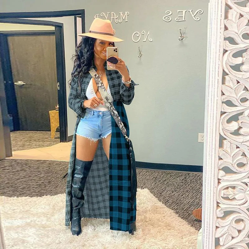 Fashion Casual Color Plaid Stitching Long Shirt Jacket