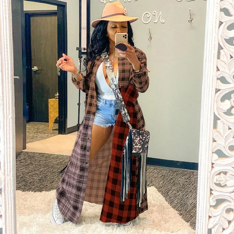Fashion Casual Color Plaid Stitching Long Shirt Jacket