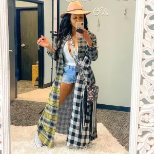 Fashion Casual Color Plaid Stitching Long Shirt Jacket