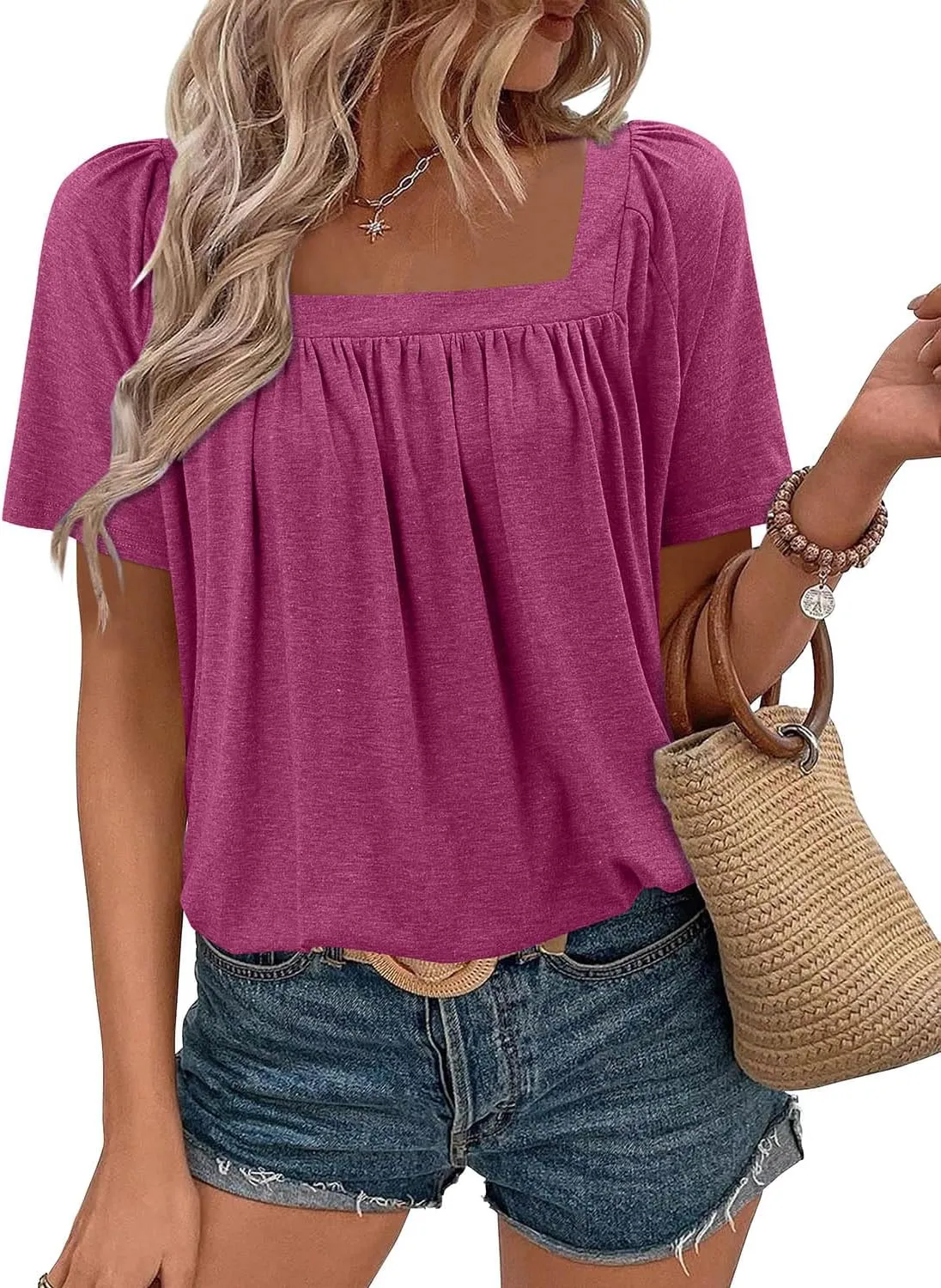 KISSMODA Womens Summer Tops 2025 Trendy Casual Short Sleeve Shirts Dressy Cute Pleated Loose Blouses S-3XL