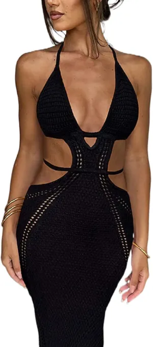KMBANGI Women Bodycon Strappy Long Dress Sleeveless Knitted Sexy Tie Up Backless Maxi Dress Halter Open Back Beach Dress