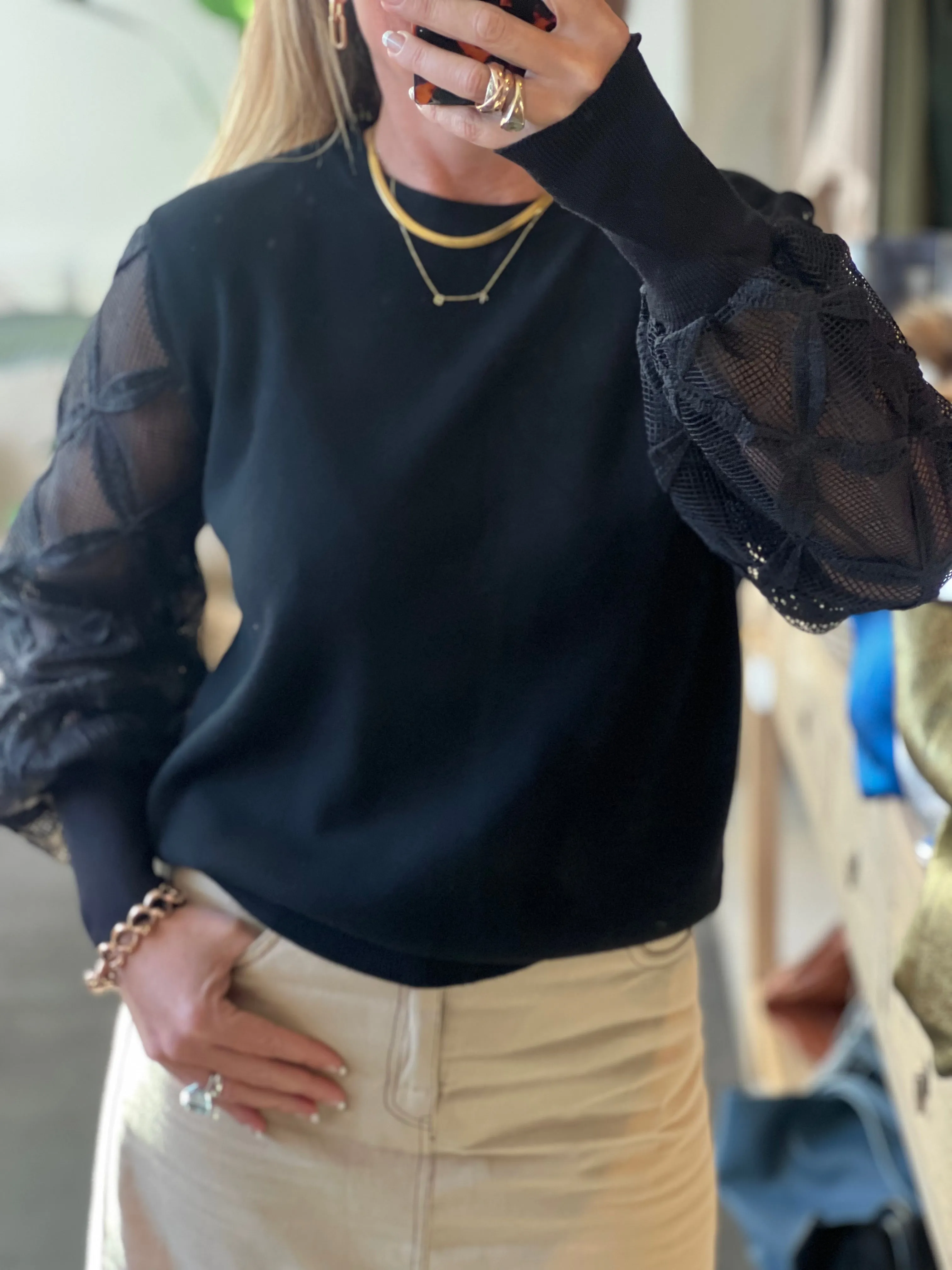 Lattice Sleeve Knit Top
