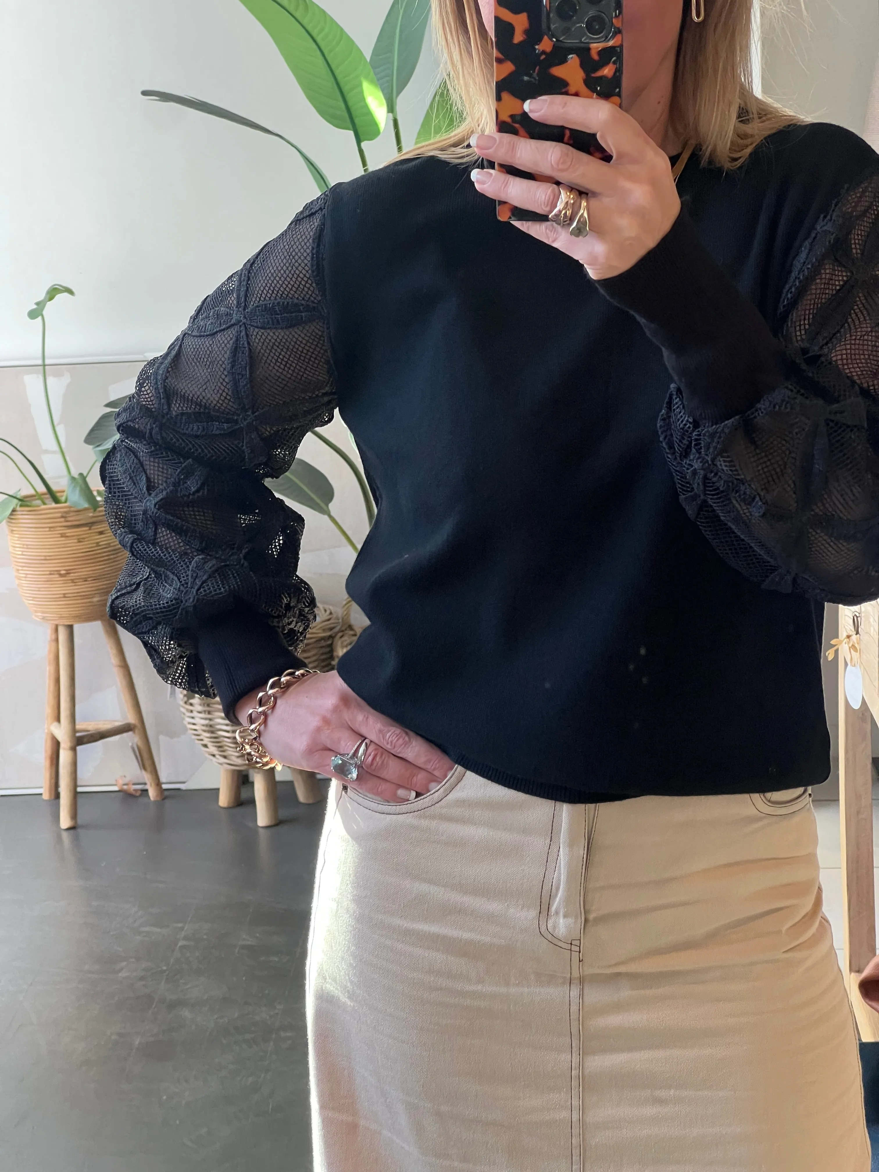 Lattice Sleeve Knit Top