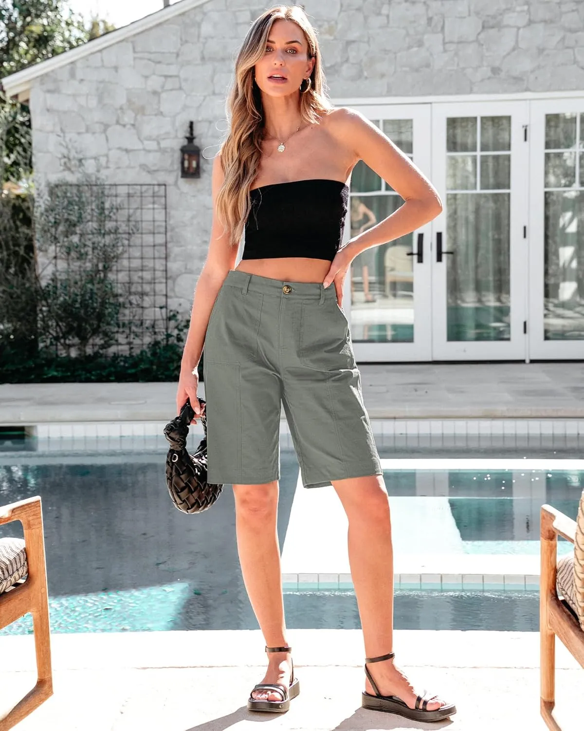 luvamia Bermuda Shorts for Women Knee Length High Waisted Cotton Elastic Wasit Summer Dressy Casual Long Chino Shorts