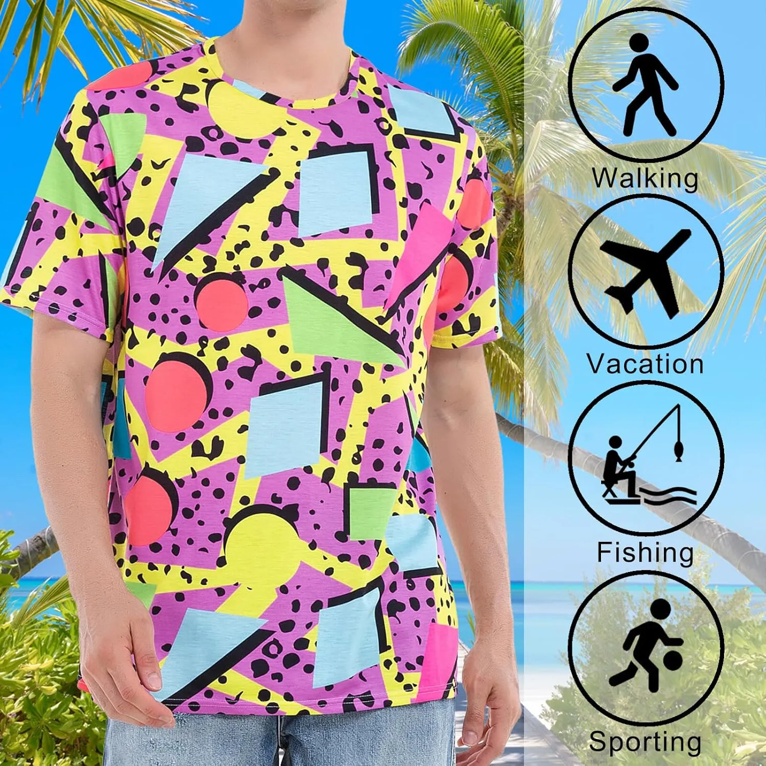 M YESCUSTOM 80s 90s T-Shirts for Men Retro Vintage Hip Hop Disco Party Tee Shirt Neon Big and Tall Summer Beach Outfits