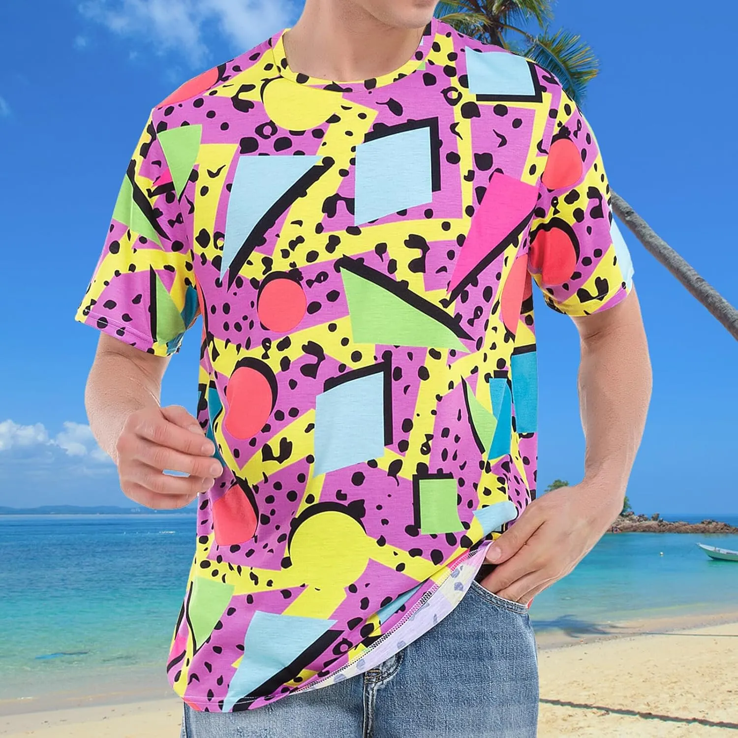 M YESCUSTOM 80s 90s T-Shirts for Men Retro Vintage Hip Hop Disco Party Tee Shirt Neon Big and Tall Summer Beach Outfits