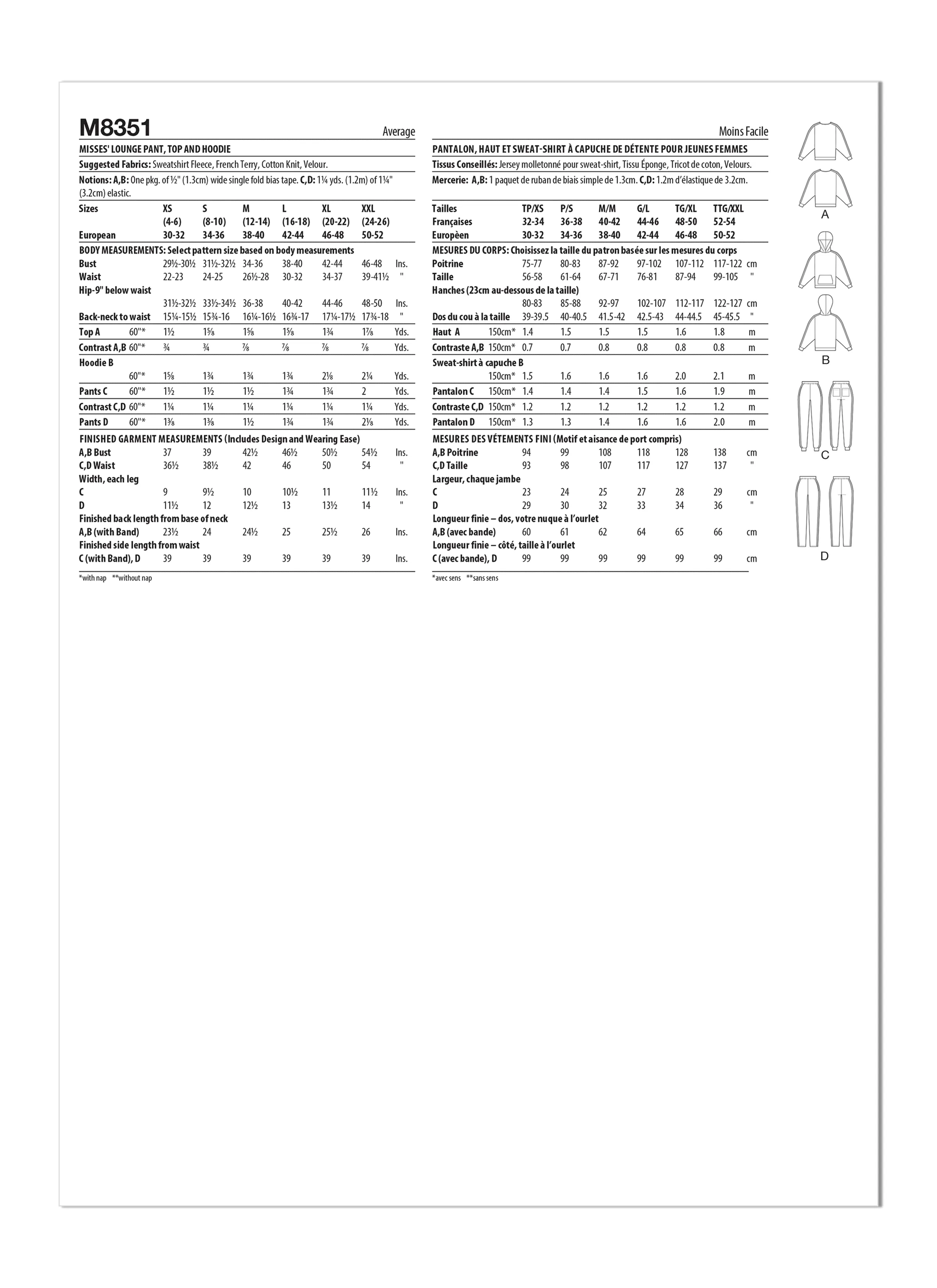 McCall's Sewing Pattern M8351 Misses' Lounge Pants, Top and Hoodie