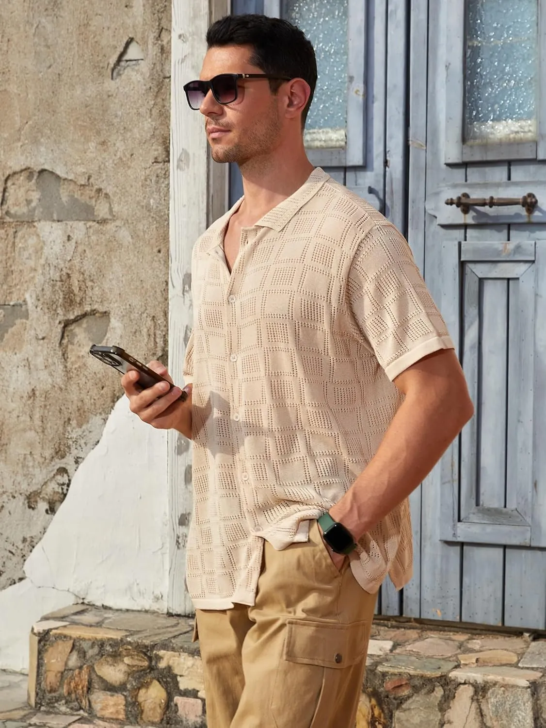 Men's Knit Short Sleeve Button Down Shirts Casual Summer Crochet Polo Shirt Vintage Fashion Beach Shirts Top