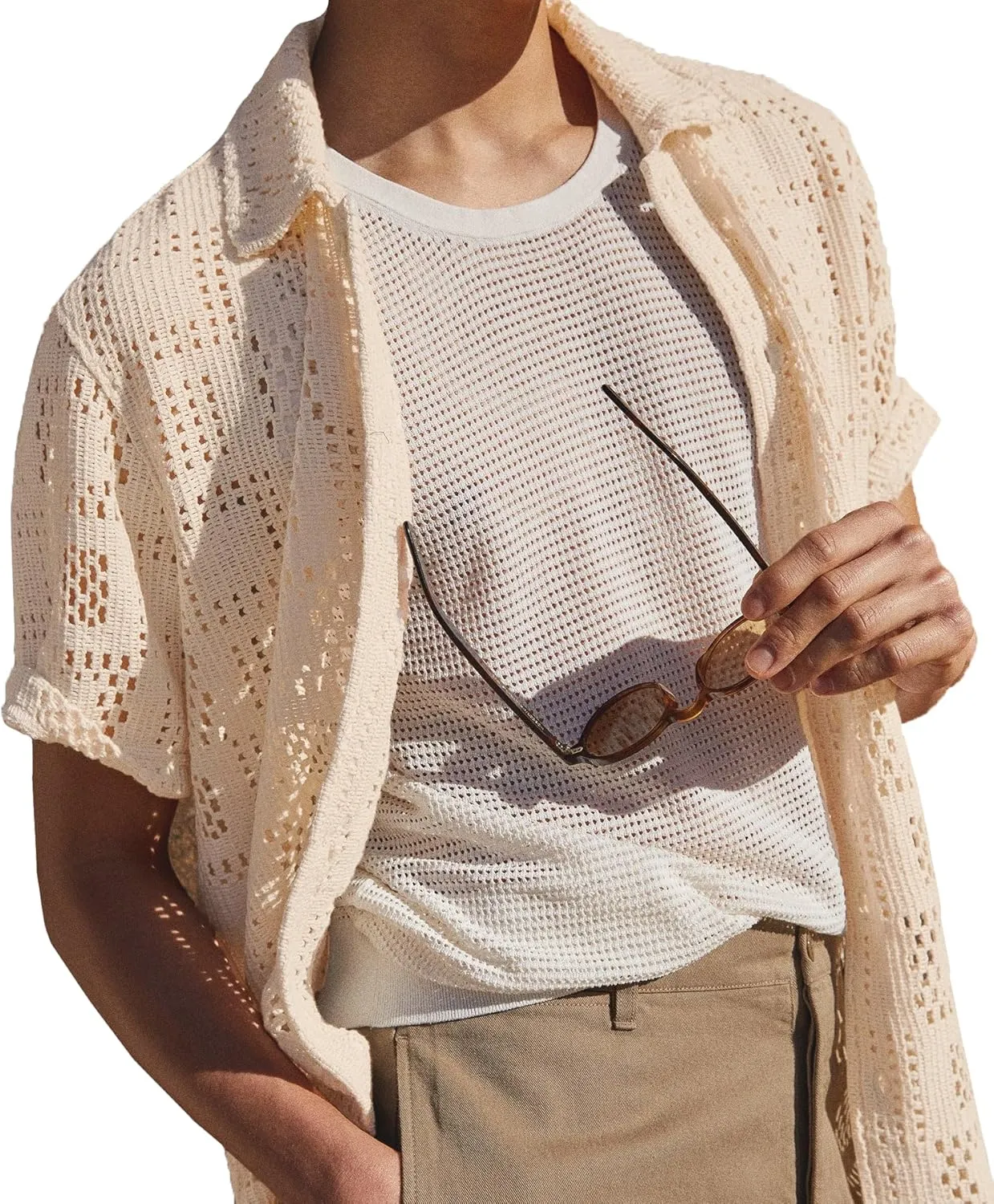 Men's Knit Short Sleeve Button Down Shirts Casual Summer Crochet Polo Shirt Vintage Fashion Beach Shirts Top