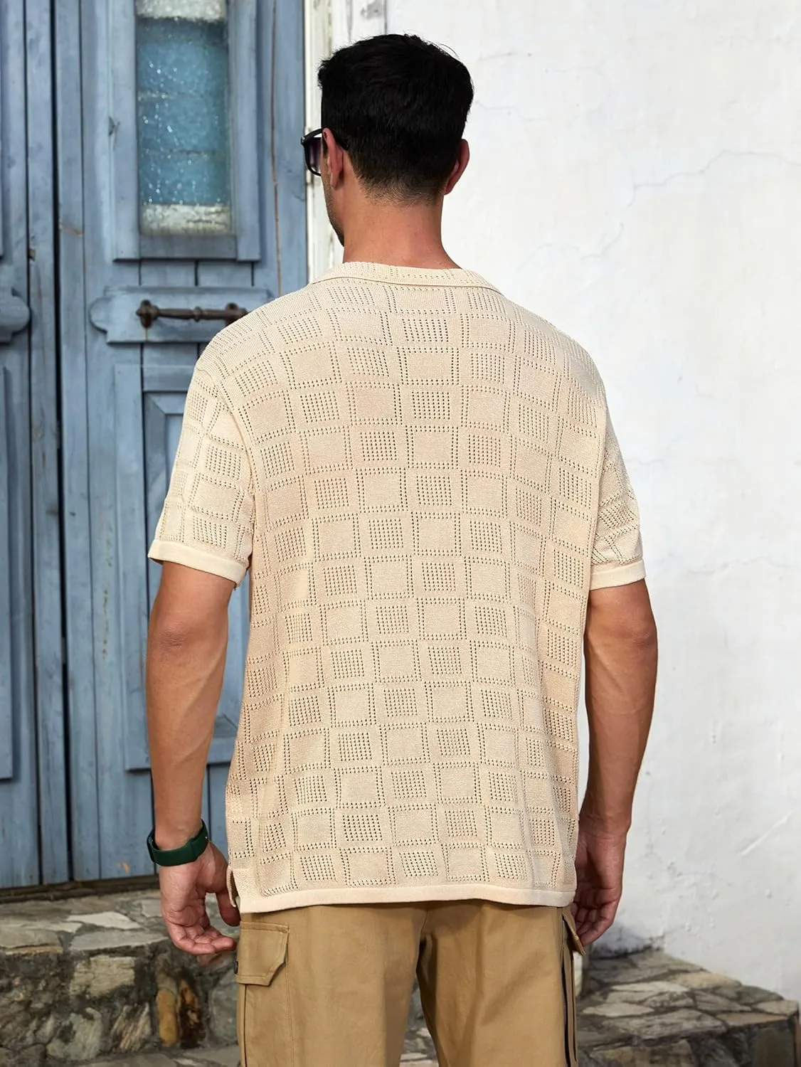 Men's Knit Short Sleeve Button Down Shirts Casual Summer Crochet Polo Shirt Vintage Fashion Beach Shirts Top