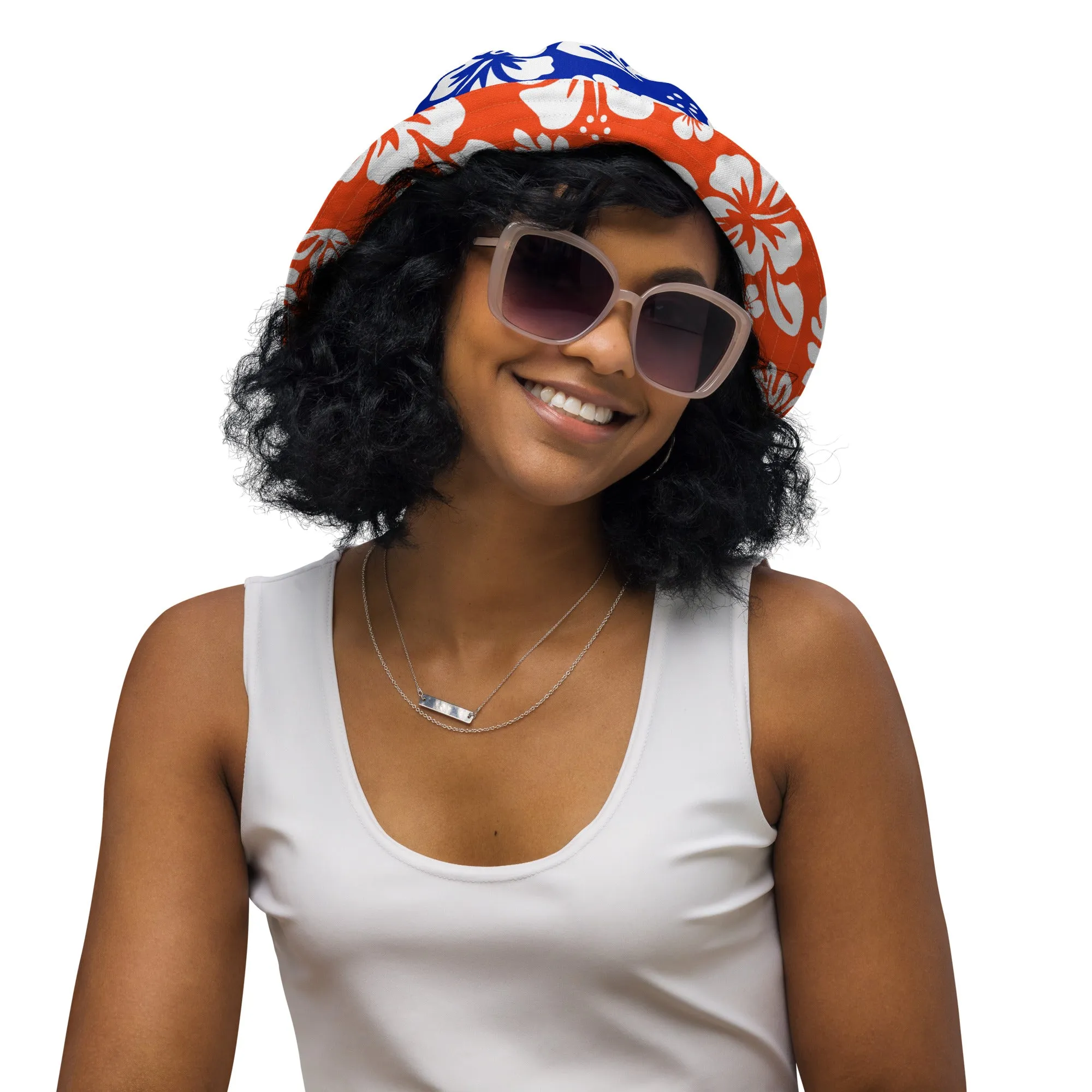 Orange and Royal Blue Hawaiian Flowers Reversible Bucket Hat