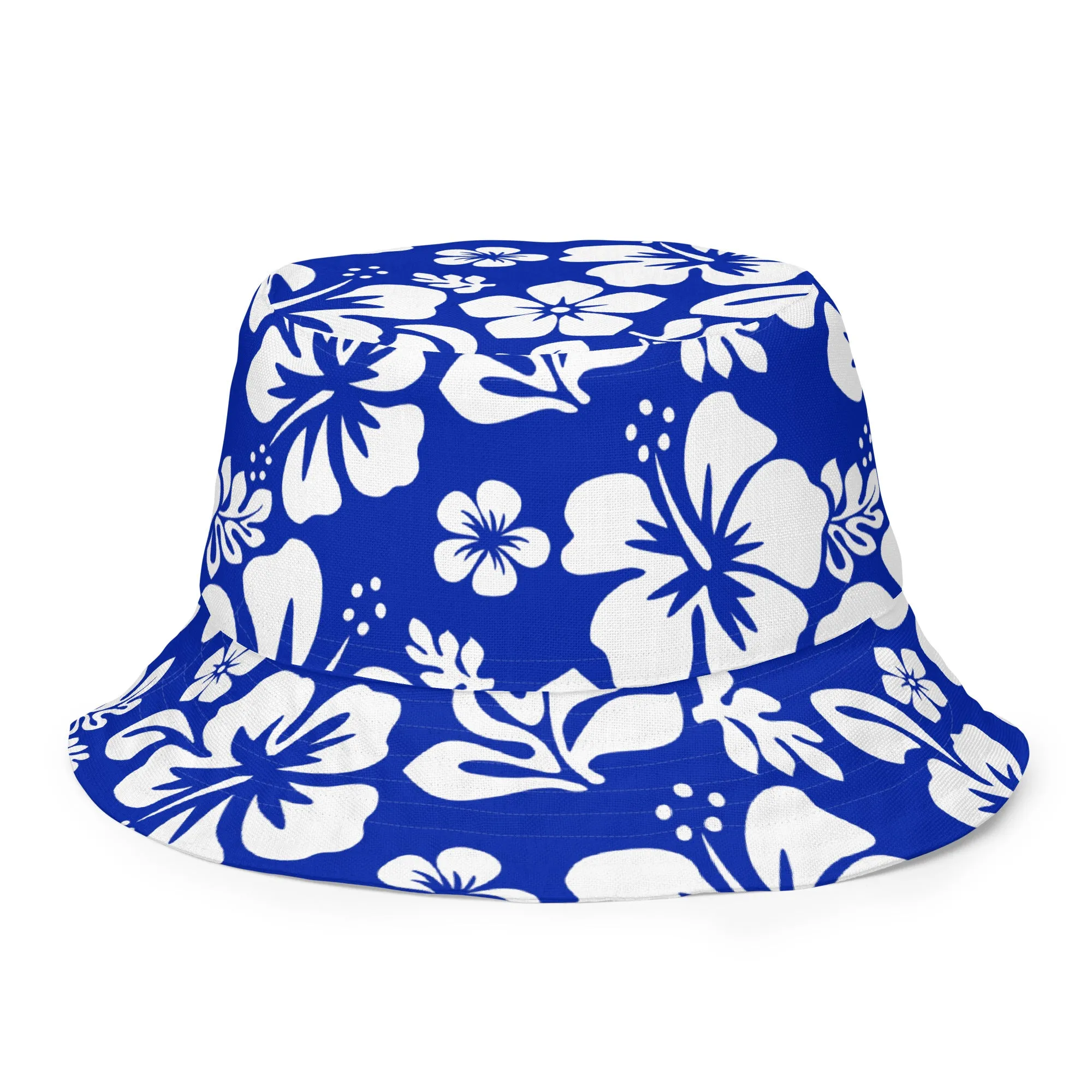 Orange and Royal Blue Hawaiian Flowers Reversible Bucket Hat