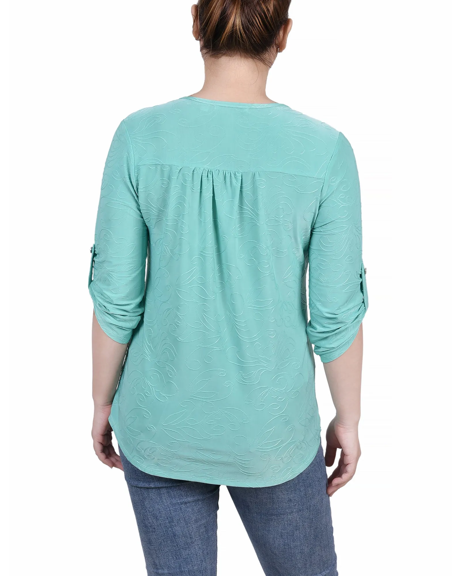 Petite 3/4 Roll Tab Zip Front Jacquard Knit Top