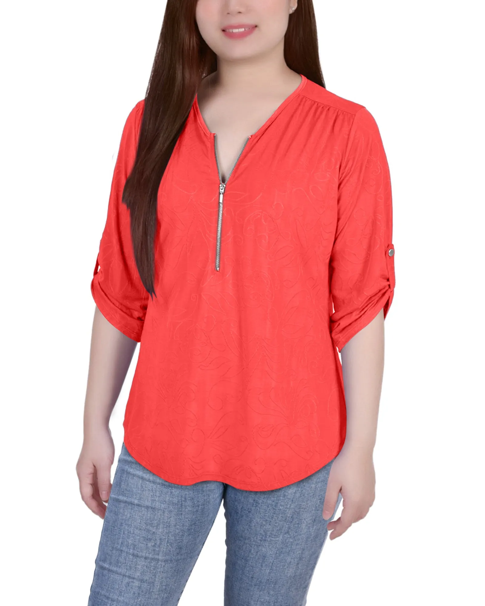Petite 3/4 Roll Tab Zip Front Jacquard Knit Top