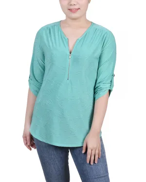 Petite 3/4 Roll Tab Zip Front Jacquard Knit Top