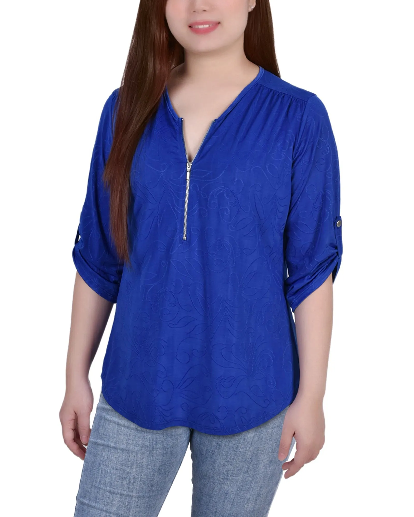 Petite 3/4 Roll Tab Zip Front Jacquard Knit Top