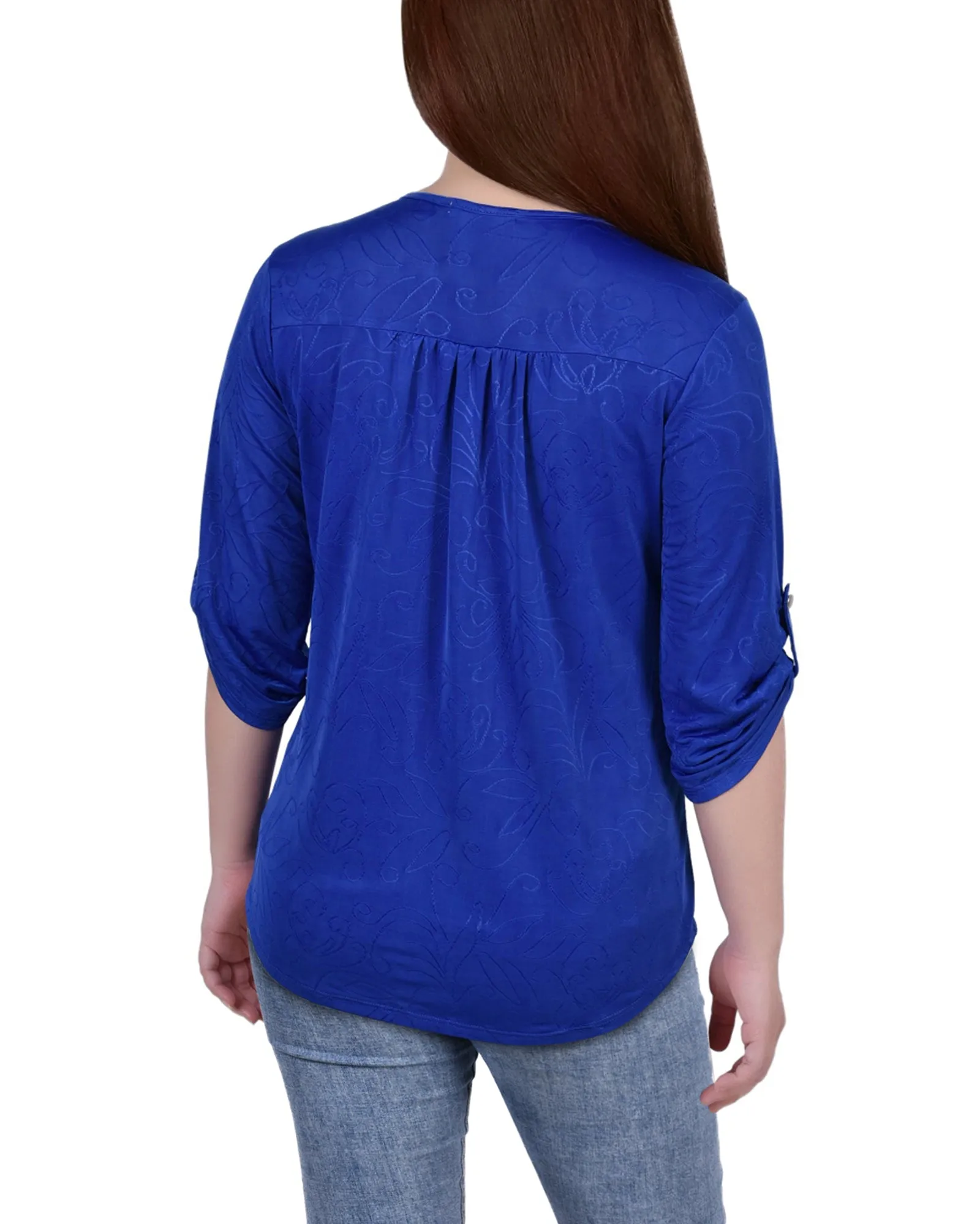 Petite 3/4 Roll Tab Zip Front Jacquard Knit Top