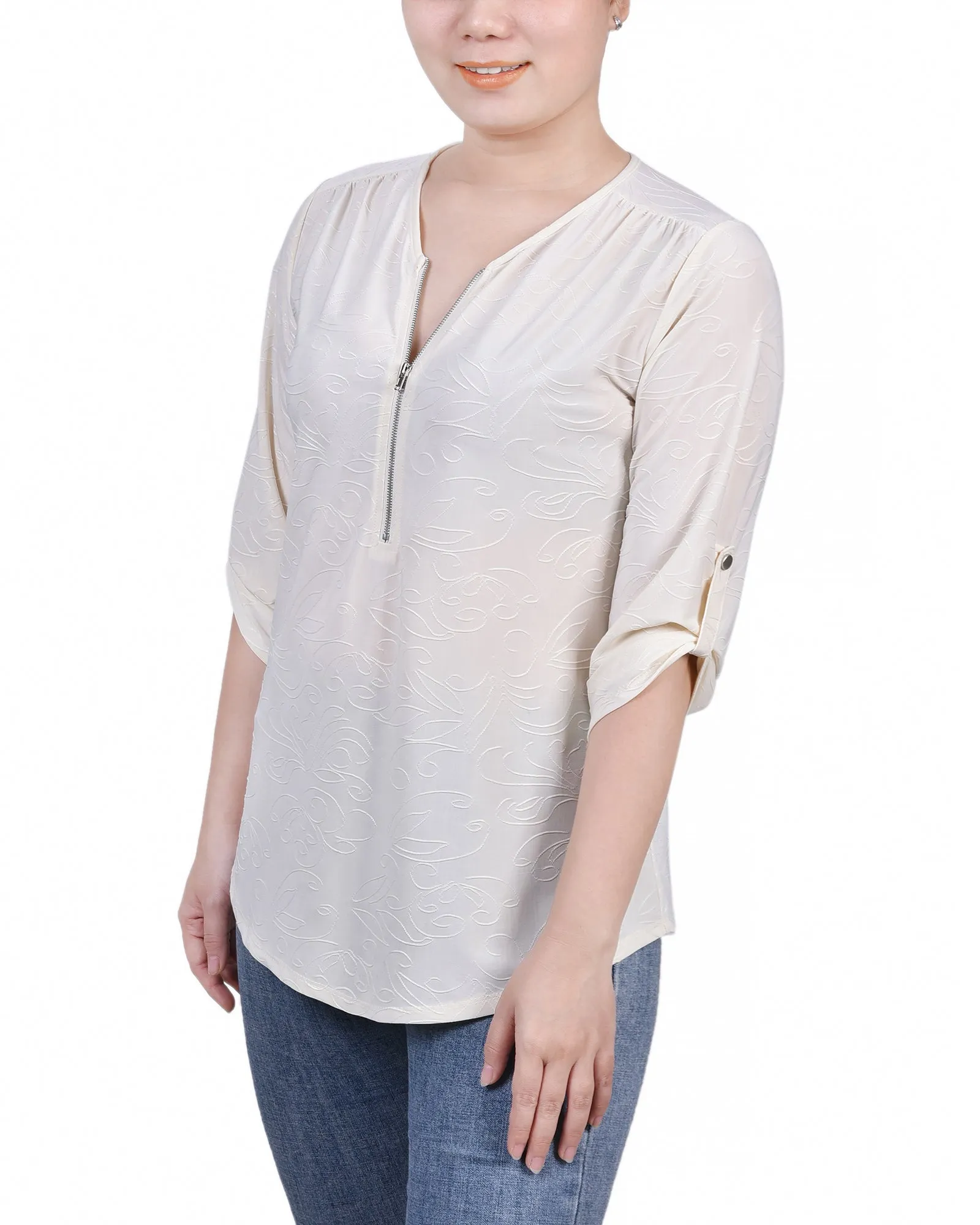 Petite 3/4 Roll Tab Zip Front Jacquard Knit Top