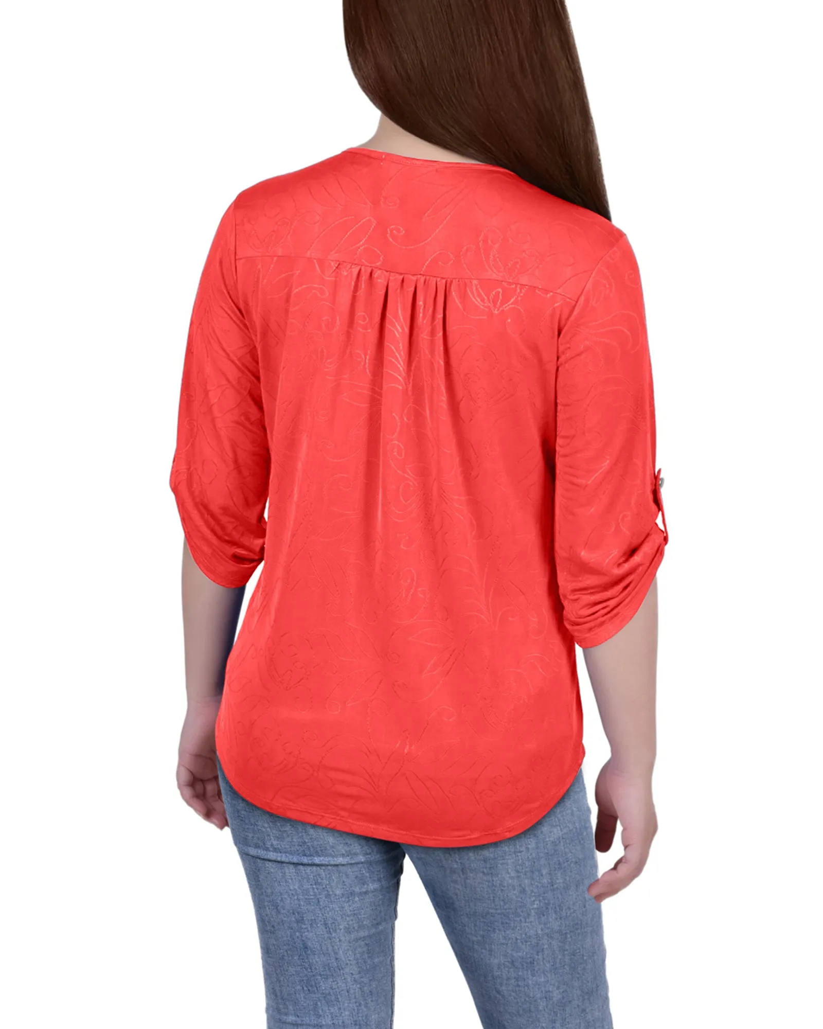 Petite 3/4 Roll Tab Zip Front Jacquard Knit Top