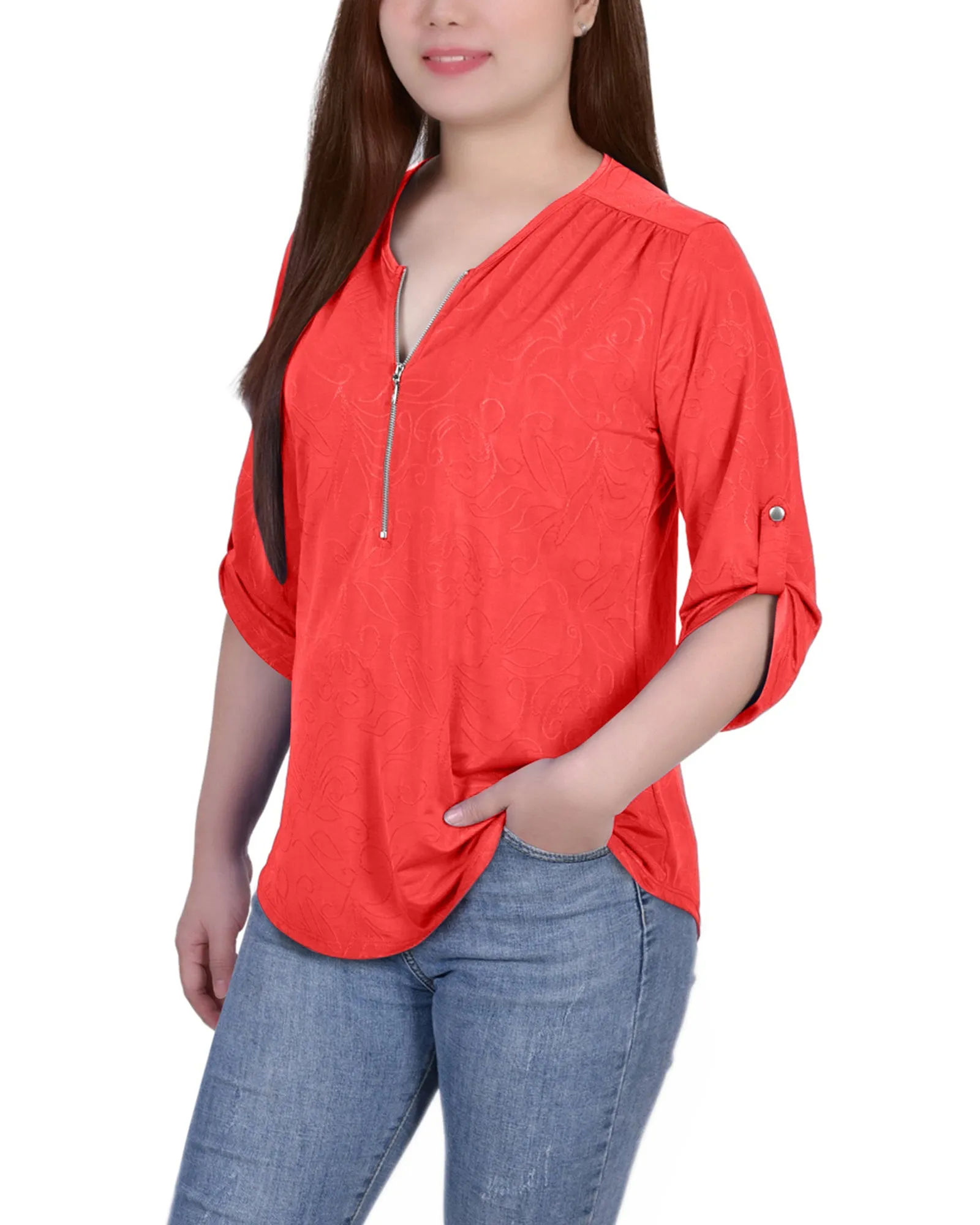 Petite 3/4 Roll Tab Zip Front Jacquard Knit Top