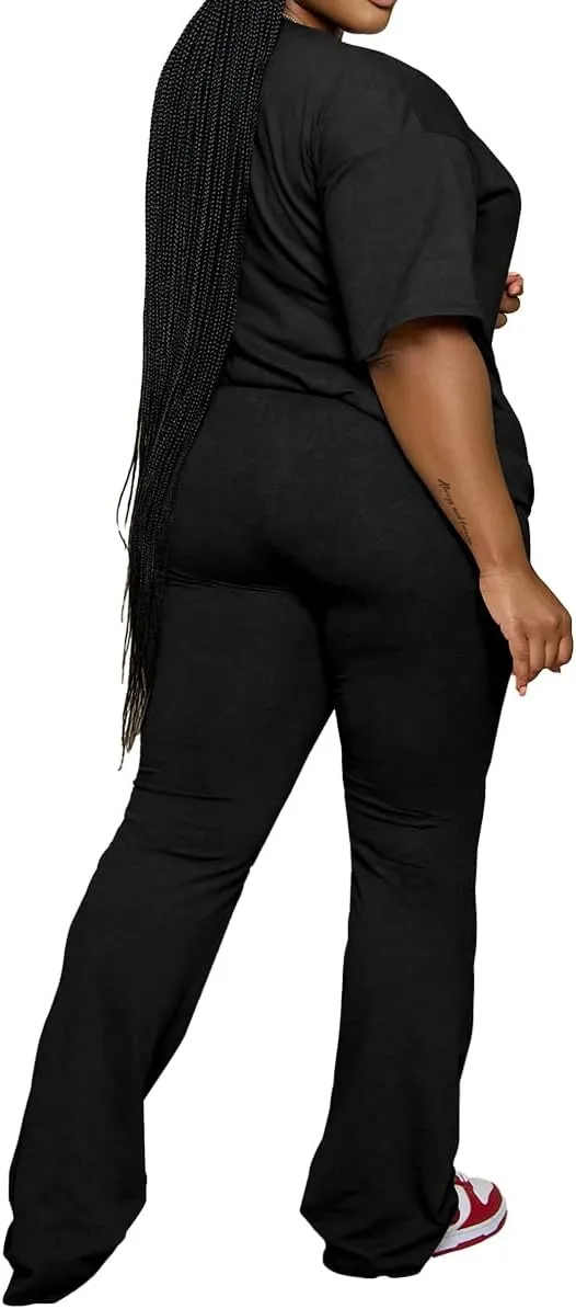 PINSV Womens Plus Size Sets 2 Piece Outfits Casual Short Sleeve Top and Flare Pants Tracksuit