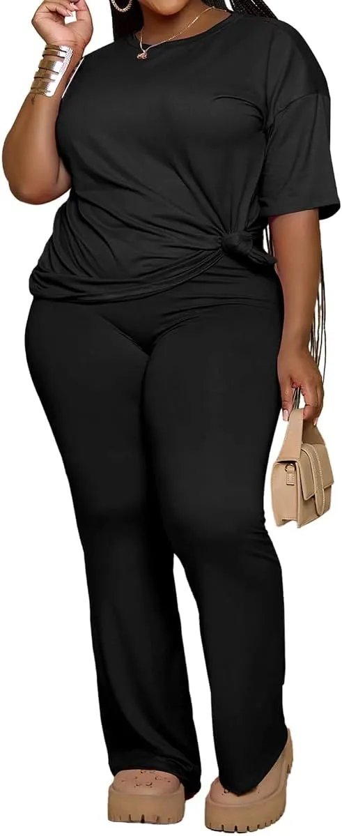 PINSV Womens Plus Size Sets 2 Piece Outfits Casual Short Sleeve Top and Flare Pants Tracksuit