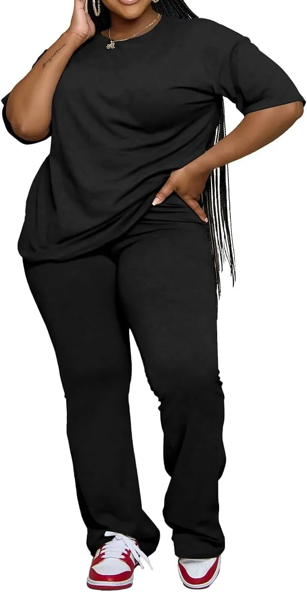 PINSV Womens Plus Size Sets 2 Piece Outfits Casual Short Sleeve Top and Flare Pants Tracksuit