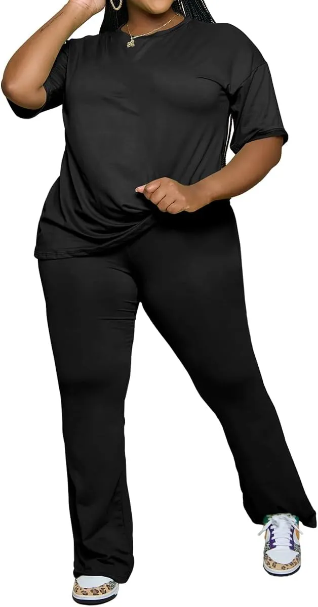 PINSV Womens Plus Size Sets 2 Piece Outfits Casual Short Sleeve Top and Flare Pants Tracksuit