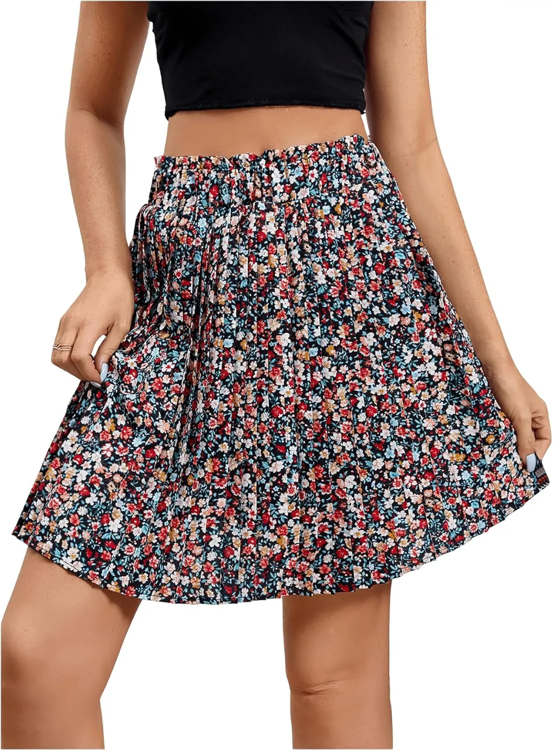 SweatyRocks Women's High Waist Mini Pleated Skater Skirt Flared A-Line Floral Short Skirt