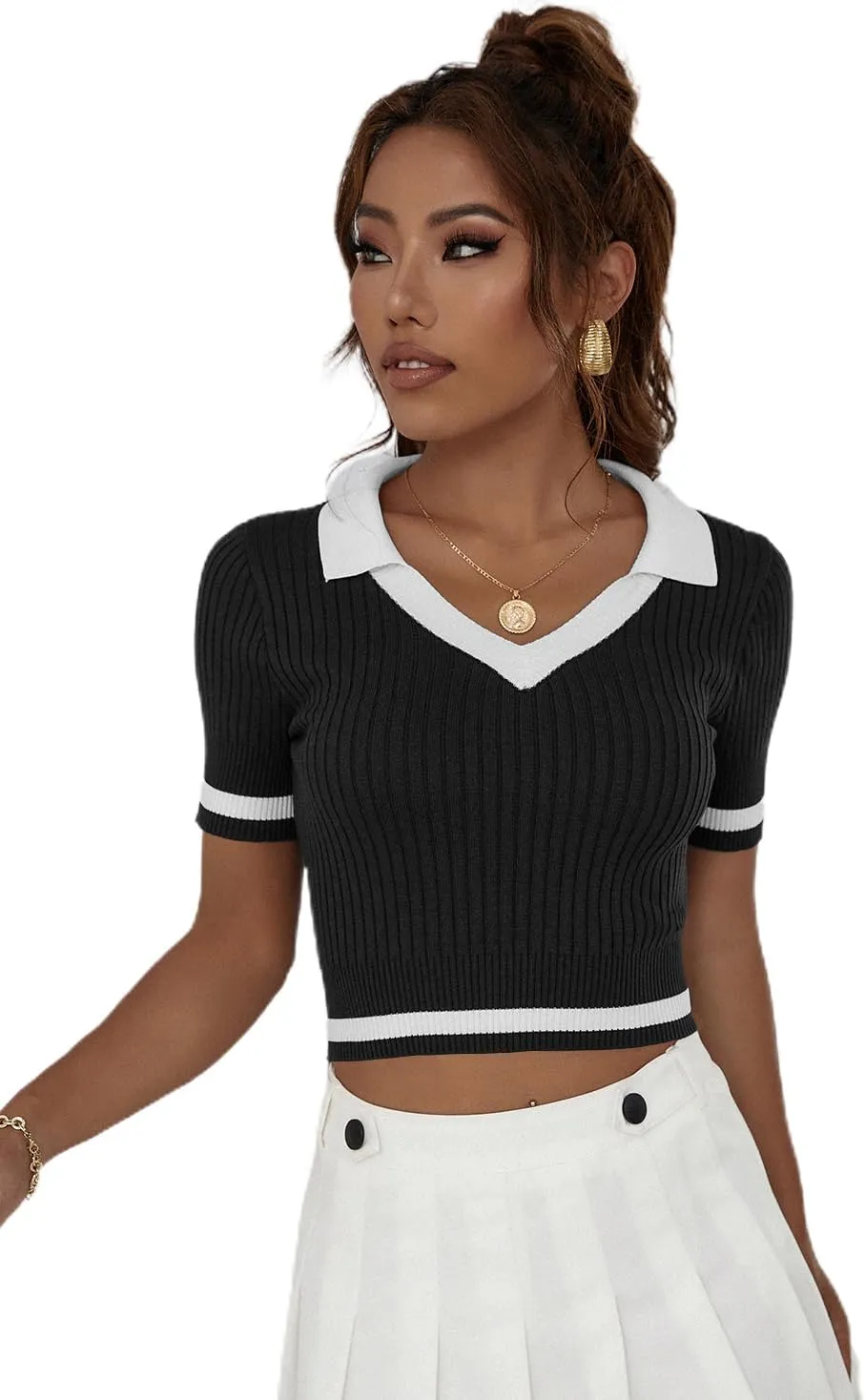 Verdusa Women's Polo Collar Colorblock Short Sleeve Ribbed Crop Knit Top School Shirt