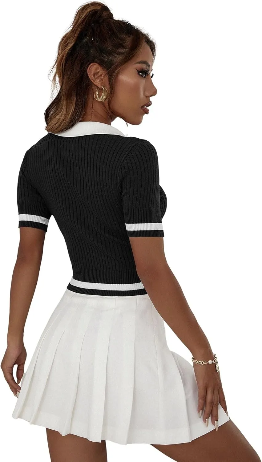 Verdusa Women's Polo Collar Colorblock Short Sleeve Ribbed Crop Knit Top School Shirt