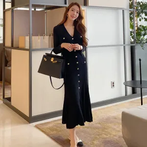 Vintage Korean Maxi Party Dress: Elegant Long Sleeve V-Neck Mermaid Style for Women